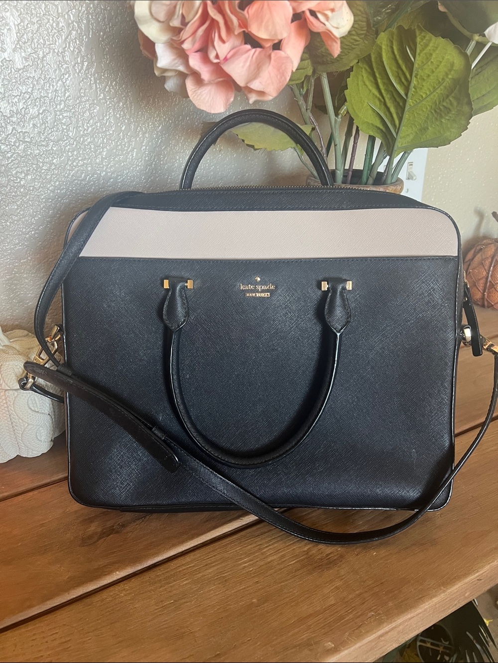 kate spade Black and Cream Saffiano Satchel
